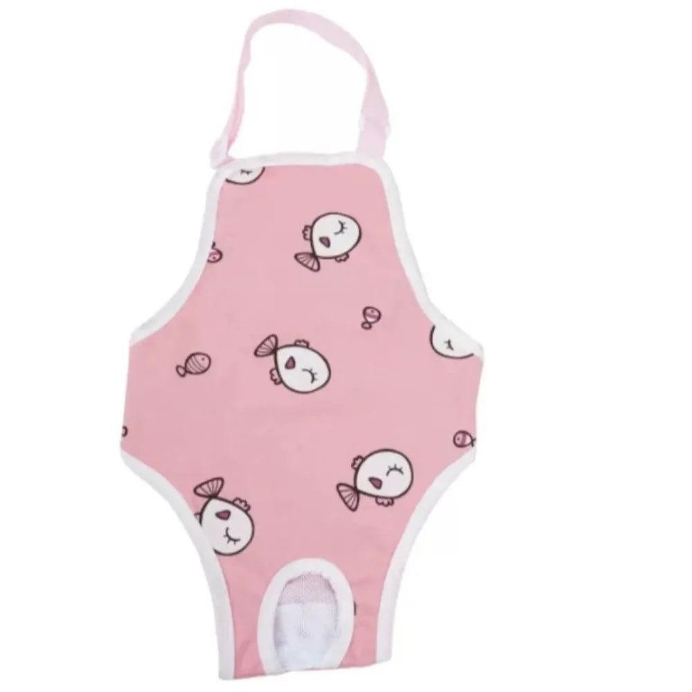 Pink adjustable washable dog sanitary pants with a cute face pattern