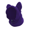 A deep purple fleece dog winter hat with a hood and ear shape.