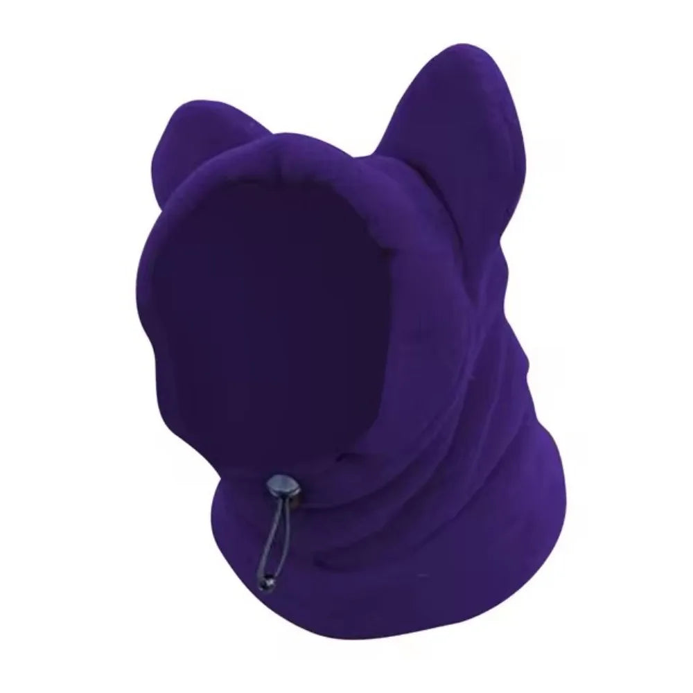 A deep purple fleece dog winter hat with a hood and ear shape.