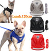 A set of adjustable mesh dog vest harness and leash featuring a gray and black design for a dog.