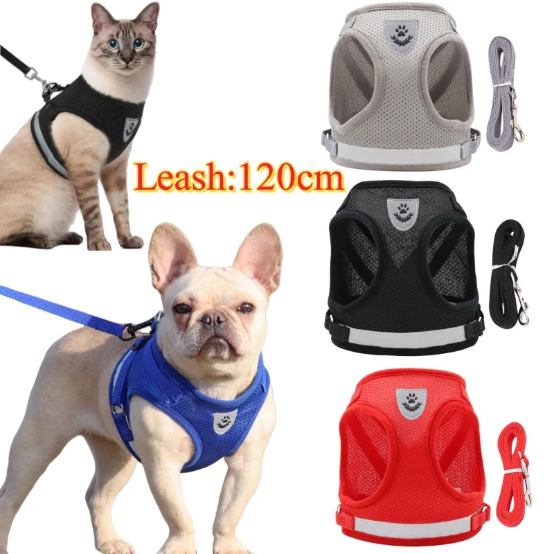 A set of adjustable mesh dog vest harness and leash featuring a gray and black design for a dog.