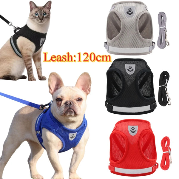 A set of adjustable mesh dog vest harness and leash featuring a gray and black design for a dog.