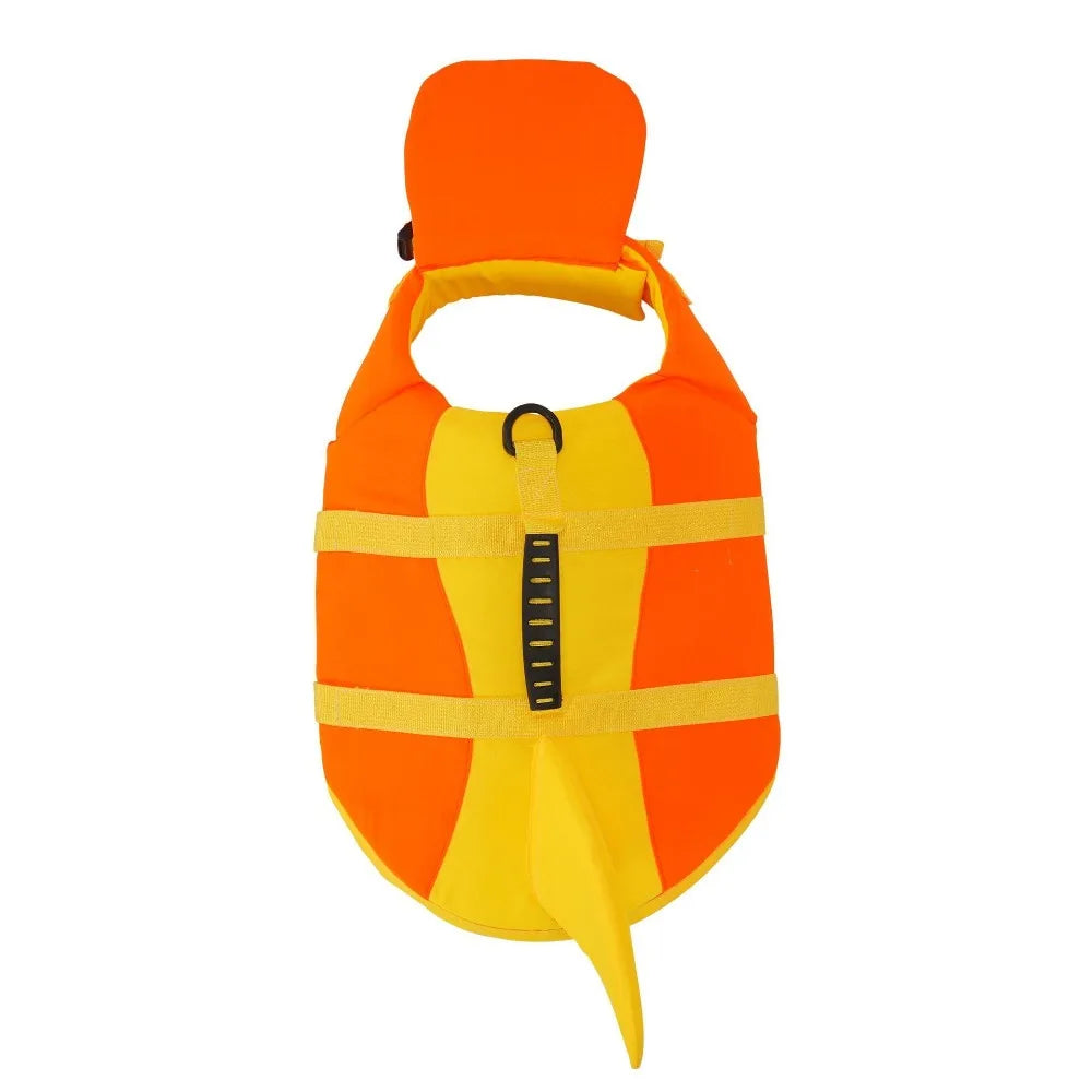 An orange and yellow high visibility dog life vest designed for swimming.