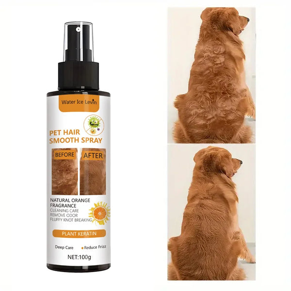 A bottle of Pet Hair Smooth Spray with orange fragrance and plant keratin ingredients shown next to a dog.