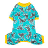A turquoise soft cotton dog pajama set with a yellow trim featuring a repeating pattern of black and white dog silhouettes.