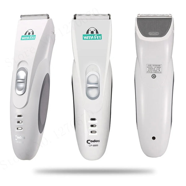 A white professional rechargeable pet hair trimmer shown in three views.