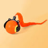 An orange cat toy with a bright LED light and an orange, rotating, flexible tail.