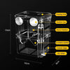 Clear acrylic fish breeding isolation box showing internal features like feeding hole, suction cup, room partition, incubatio