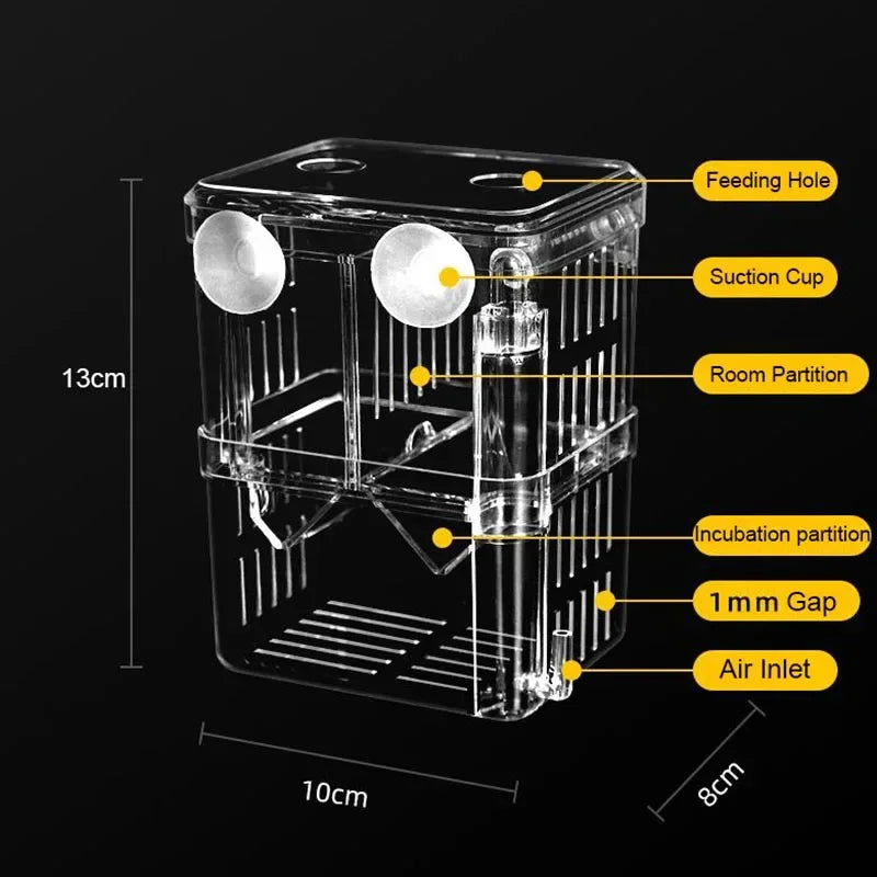 Clear acrylic fish breeding isolation box showing internal features like feeding hole, suction cup, room partition, incubatio