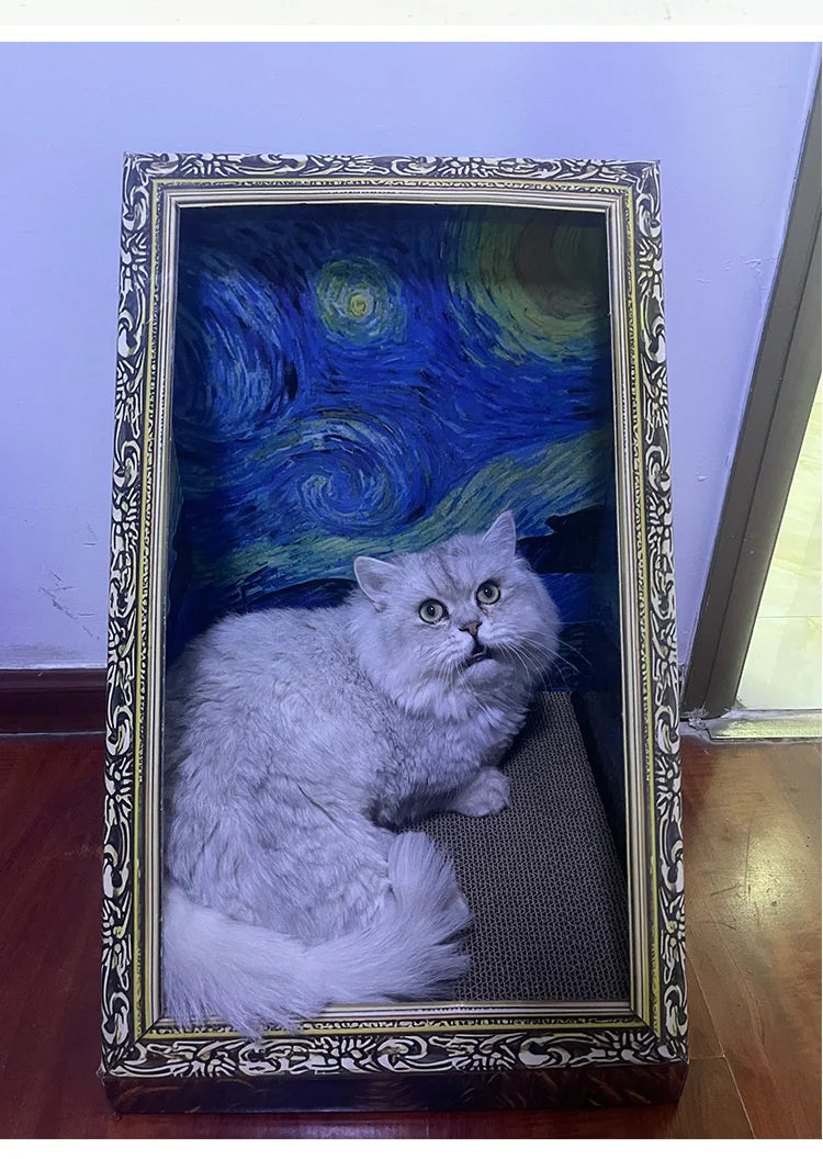 A fluffy gray cat is resting on a decorative bed with an ornate frame and a blue, swirling background.