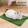 A fluffy white and gray cat is lying on a green artificial grass mat indoors.