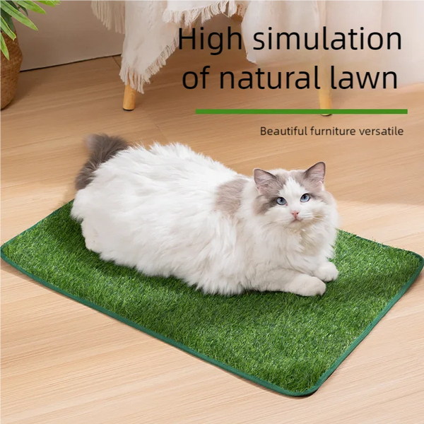 A fluffy white and gray cat is lying on a green artificial grass mat indoors.