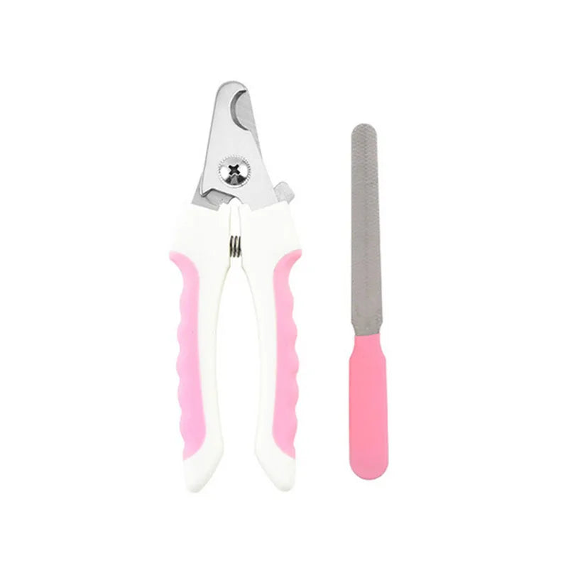 Eine rosa und weiße, robuste Nagelschere für Hunde und Katzen.