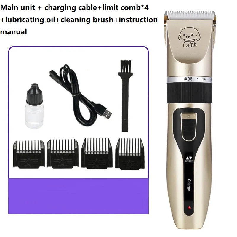 A cordless pet hair clipper in gold color shown with accessories including a charging cable, lubricating oil, cleaning brush,