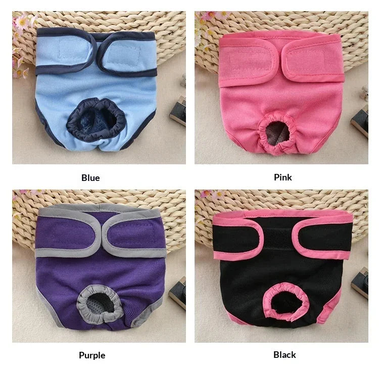 Four reusable dog diapers in blue, pink, purple, and black shown individually on a light background.