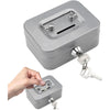 A portable metal cash box with a latch and keys is shown, with a hand interacting with another similar box.
