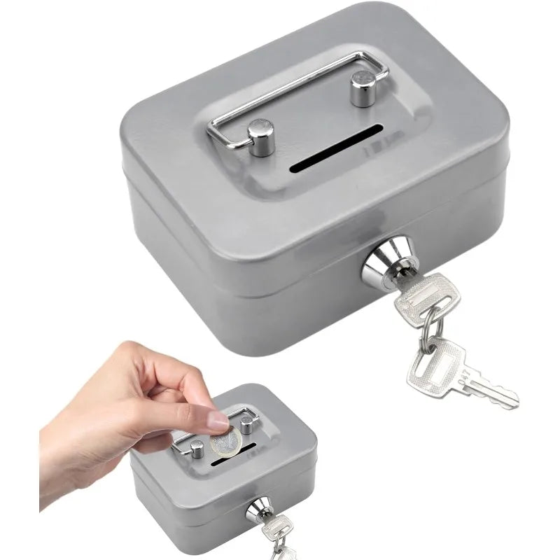 A portable metal cash box with a latch and keys is shown, with a hand interacting with another similar box.