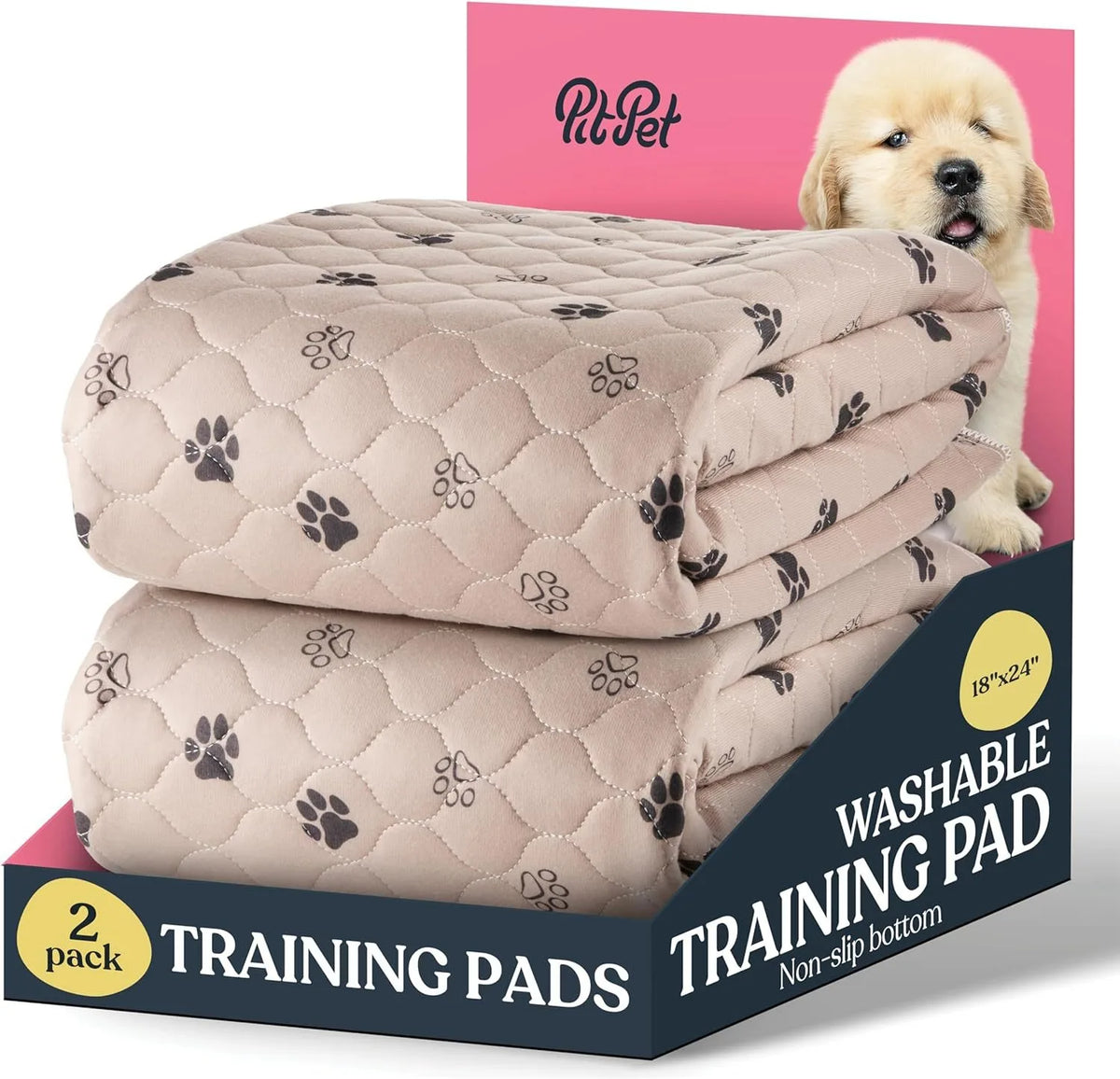 A pack of two beige quilted washable training pads for dogs, shown next to a puppy.
