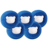 Four blue silicone balls with white panda faces used for pet hair and lint removal