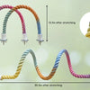 Colorful bird rope perch stands demonstrating stretching and length.