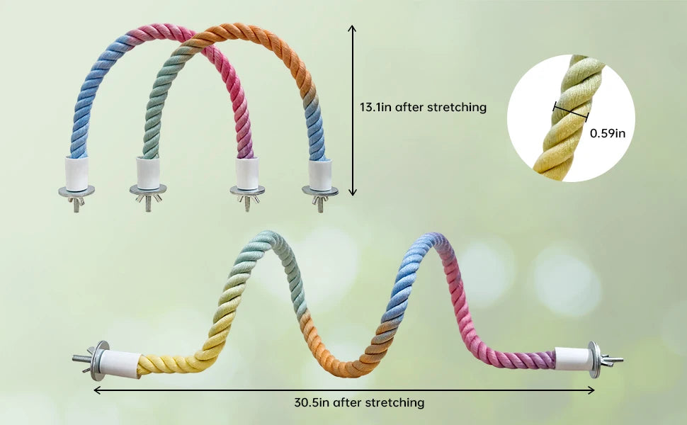 Colorful bird rope perch stands demonstrating stretching and length.