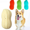 Ein Hund schaut auf verschiedene bunte, strukturierte Spielzeugknabberartikel aus Gummi in Orange, Grün und Blau.