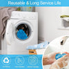 A white washing machine is shown next to reusable blue pool filter balls and hands washing them.