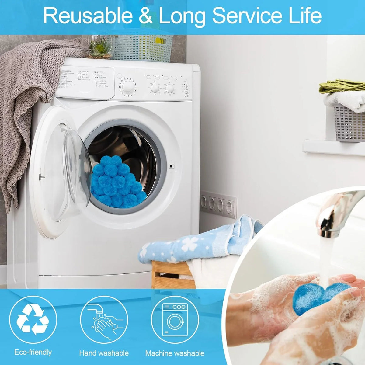 A white washing machine is shown next to reusable blue pool filter balls and hands washing them.