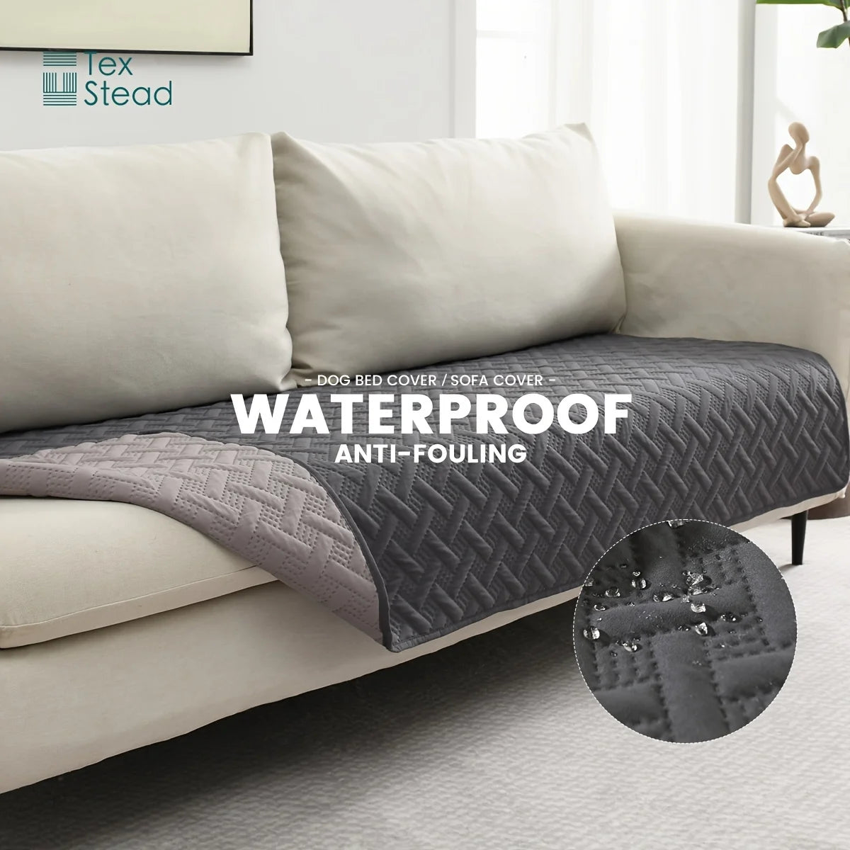 A gray waterproof pet mat is shown placed on a light-colored sofa, highlighting its anti-fouling features.
