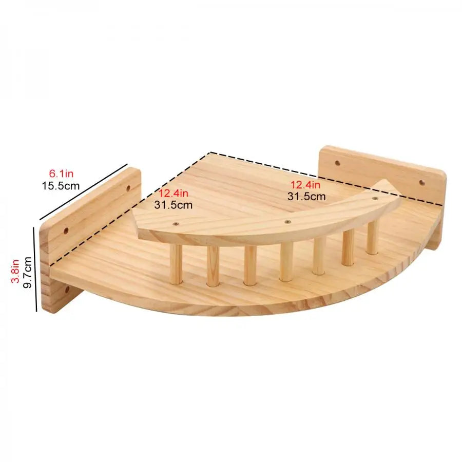 A wooden wall mounted cat climbing shelf featuring a bridge design with multiple wooden pegs.
