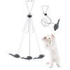 A funny hanging cat toy with a retractable stick is shown against a white background.