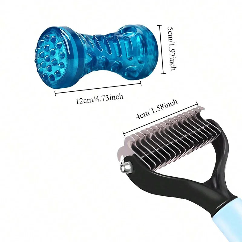 A blue stainless steel pet hair remover comb with a textured head and handle.