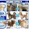 Before and after images showing the effect of a pet grooming product on dogs.