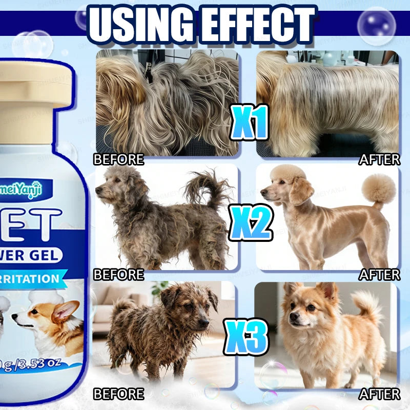 Before and after images showing the effect of a pet grooming product on dogs.