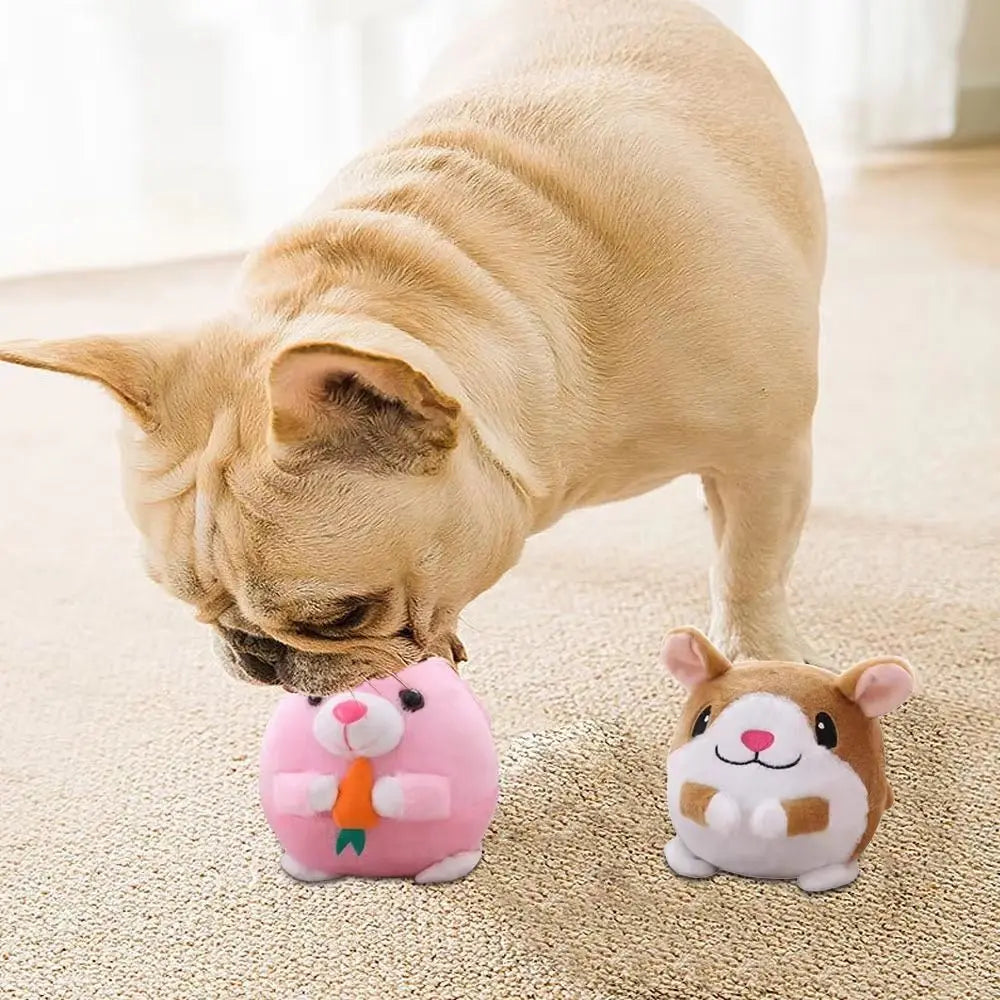 A light brown cat is sniffing a pink, round pet toy with white and orange details on a beige carpet.