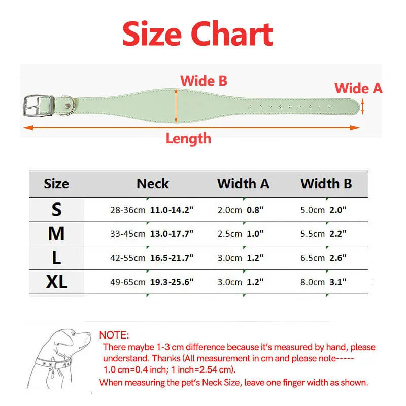 Size chart showing dimensions for S, M, L, and XL sizes of a wide leather dog collar.