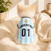 A light blue and white Argentina soccer jersey with the number 01 is displayed on a white fluffy blanket.