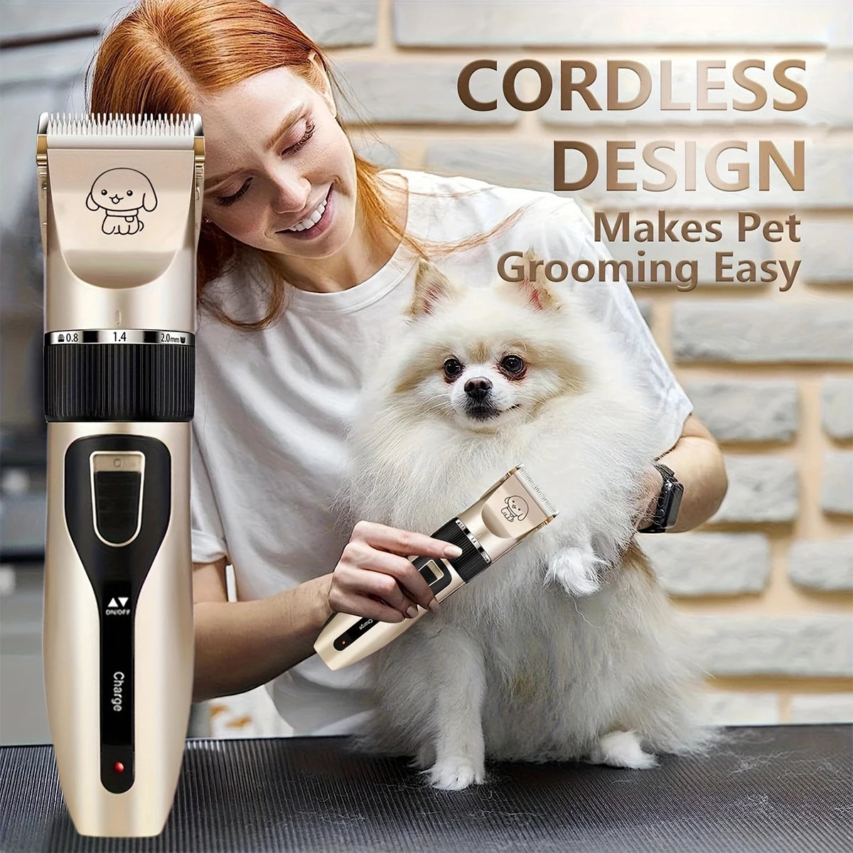 A woman is using a cordless pet grooming trimmer on a fluffy white dog.