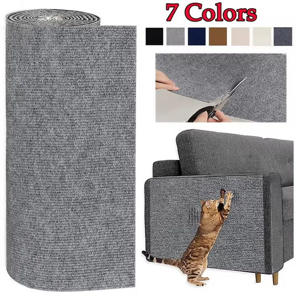A roll of gray self-adhesive multi-color cat scratcher mat next to a gray sofa with a cat climbing on it.