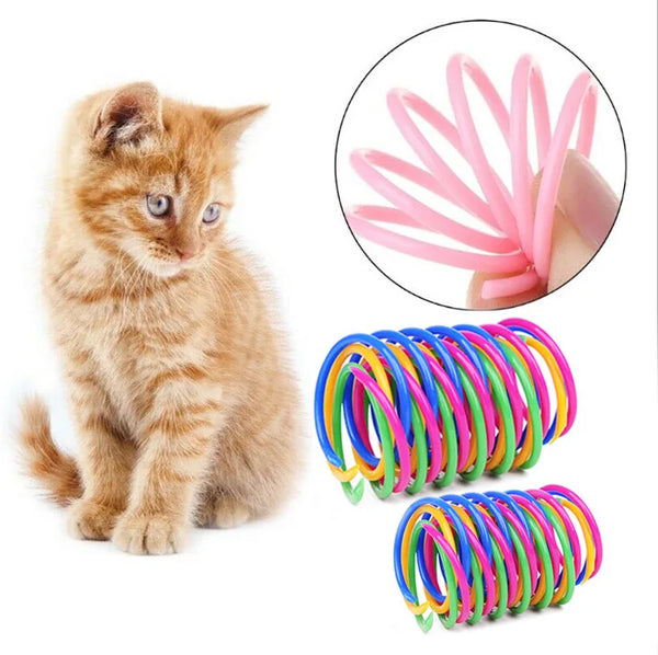 A small orange kitten sitting next to colorful spiral spring toys for cats and ferrets.