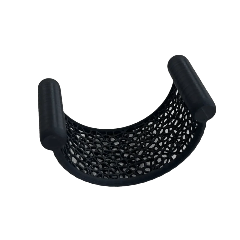 A black 3D printed floating hammock designed for aquarium decor.