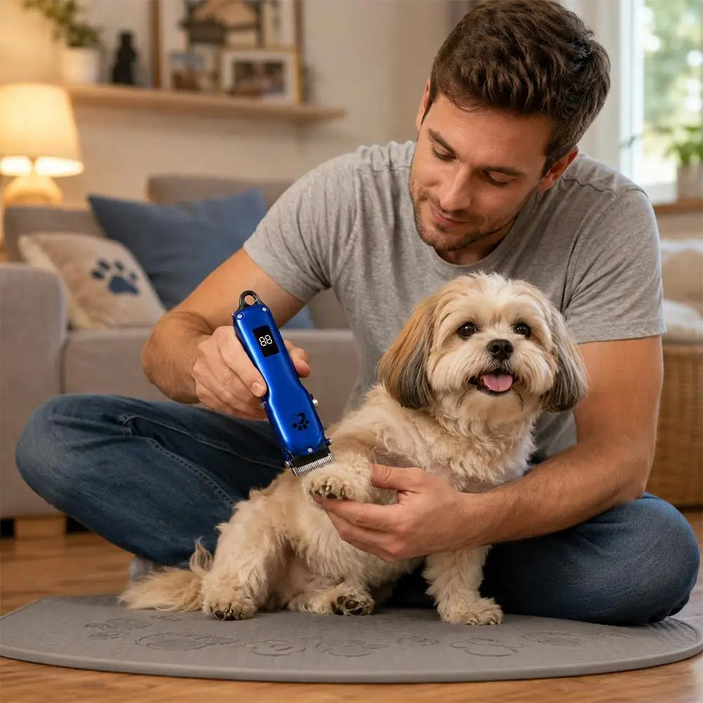 Un homme utilise un coupe-poils sans fil bleu sur un petit chien assis par terre.