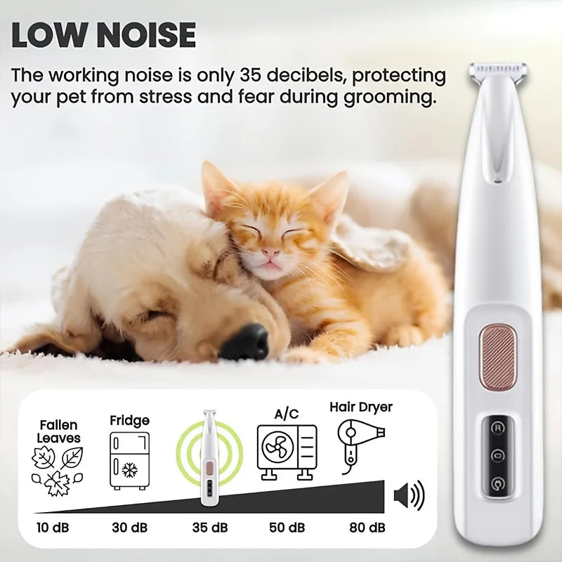 A white cordless pet grooming trimmer is shown next to a kitten and a dog, demonstrating low noise levels for grooming.