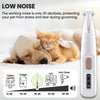 A white cordless pet grooming trimmer is shown next to a kitten and a dog, demonstrating low noise levels for grooming.