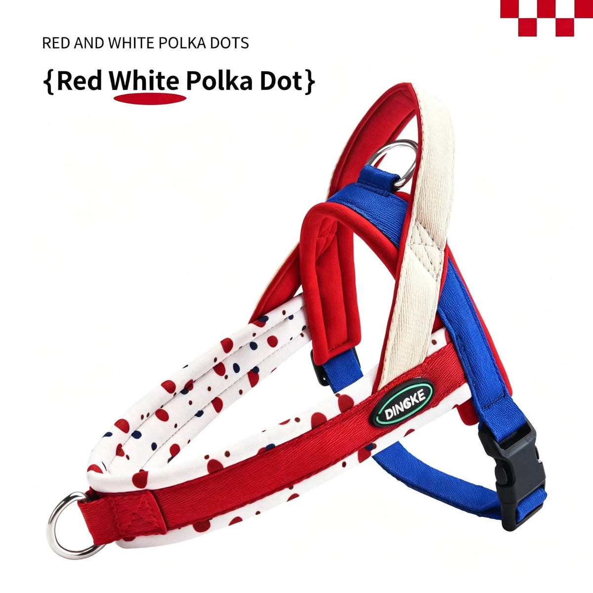 Harnais pour chien à pois rouge et blanc avec sangles bleues et rouges et boucle noire