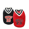 A red and black V-neck sweater for a dog, featuring the text SPORT 23 and BULLS 23.