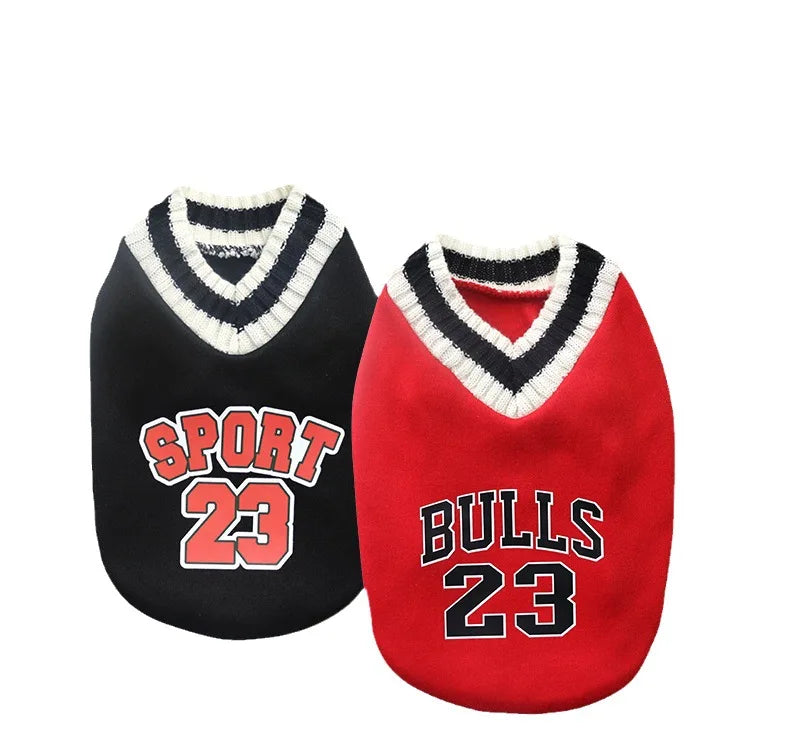 A red and black V-neck sweater for a dog, featuring the text SPORT 23 and BULLS 23.