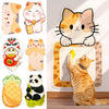 A collection of cat toys and a wall-mounted cat scratcher featuring various cute cats and a tiger.