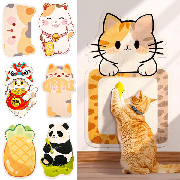 A collection of cat toys and a wall-mounted cat scratcher featuring various cute cats and a tiger.