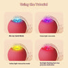 Three variations of an interactive cat toy ball showing blue, purple, and yellow light modes.